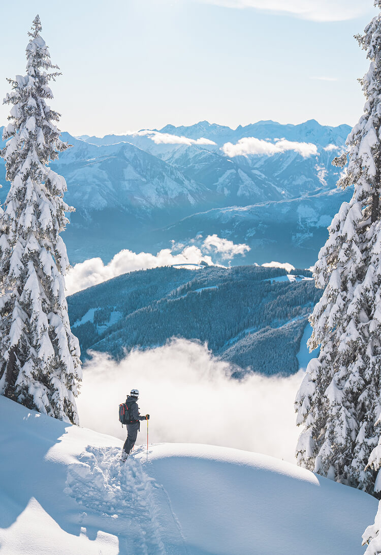 Skifahrer blickt über die verschneiten Berge